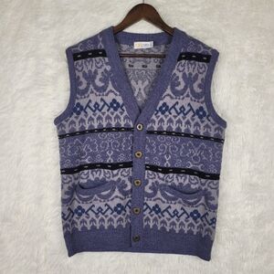 Vtg Camela‎ Lambswool Blend Puff Knit Sweater Vest Adult Medium Purple Fair Isle